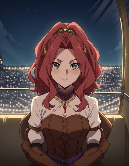 score_9, score_8_up, score_7_up, source_anime, <lora:malty-melromarc-s1s2s3-ponyxl-lora-nochekaiser:1>, malty melromarc, long hair, green eyes, red hair, parted bangs, ponytail, medium breasts,, <lora:ferris-wheel-interior-ponyxl-lora-nochekaiser:1>, ferris wheel interior, ferris wheel, gondola, cityscape, amusement park, city lights, night, fireworks, aeriel firworks, night sky, city, skyline, sky,, sitting, smile, blush, looking at viewer,,