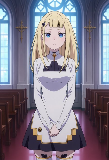 anime screencap, masterpiece, best quality,
<lora:ReZero_Sylphy_IlluXL:0.9>,
1girl, solo, closed mouth, expressionless,
blunt bangs, long hair, blonde hair, blue eyes, hairclip,
collared dress, brooch, short dress, multicolored dress, white dress, black dress, long sleeves, white thighhighs,
v arms, standing, looking at viewer, 
indoors, church, window, photo background, blurry background