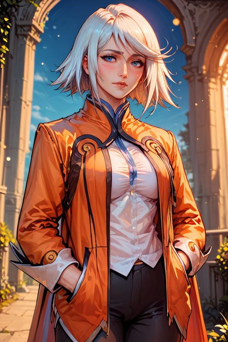 score_9, score_8_up, score_7_up, score_6_up,1girl, defRaineSage, bangs, orange jacket, white shirt, open clothes, black pants, pose, dutch angle, outside, <lora:Expressive_H:0.69> Expressiveh, blush, volumetric lighting, (cinematic bokeh) <lora:Raine Sage Pony-000012:1>  <lora:BoobsgamesLycoXL:0.8>