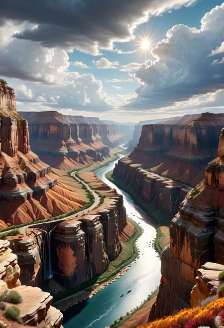 4k wallpaper, full realistic, extremely detailed, (best quality:0.8), high resolution, 64k,  , canyon, cloudy sky <lora:Dreamyvibes artstyle SDXL - Trigger with dreamyvibes artstyle:0.6> <lora:filmicVibesXL_v1.1:0.8>, <lora:ral-anmwrlds-sdxl:0.15>, , <lora:dvr-stnd:0.4>,  <lora:sdxl_offset_example_v10:0.45>,  <lora:detailed_notrigger:0.65>,  <lora:CelestialPunkAIp:0.45>
