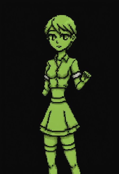 ((pixel sprite)) Standing before the blackboard, the new teacher at school commands attention. Her attire, a crisp unbuttoned satin blouse paired with a pleated skirt, is accented by the subtle allure of (laced stockings), adding a touch of fragile femininity to her slender authoritative presence in the classroom. She is revealing her perky protuberant femininity, exposing long narrow calves, (narrow waist), and her gently protuberant skinny curves with fragile, yet authoritative and distinguished femininity.