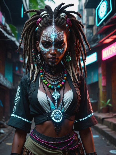 woman holding talisman, cyberpunk,Caribbean, white face paint, blouse,  jungle,  dread locks, beads, magic dark skin, mad-vdprst , night, neon signs, garbage, haze, dynamic pose  <lora:Neon_Cyberpunk_Voodoo_Mage_SDXL:0.8>, (masterpiece:1.2), best quality