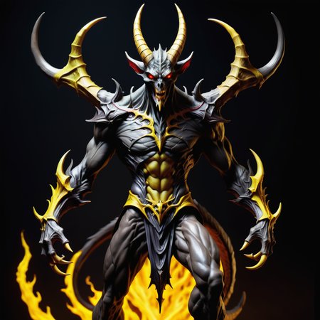 hyper detailed masterpiece, dynamic, awesome quality,mephisto, mythical slender gaunt demonic cunning malevolent demon,visible spine, no belly, horns,pointed tail, dark earth toned yellowish skin, temptation, corruption, sinister, eerie
