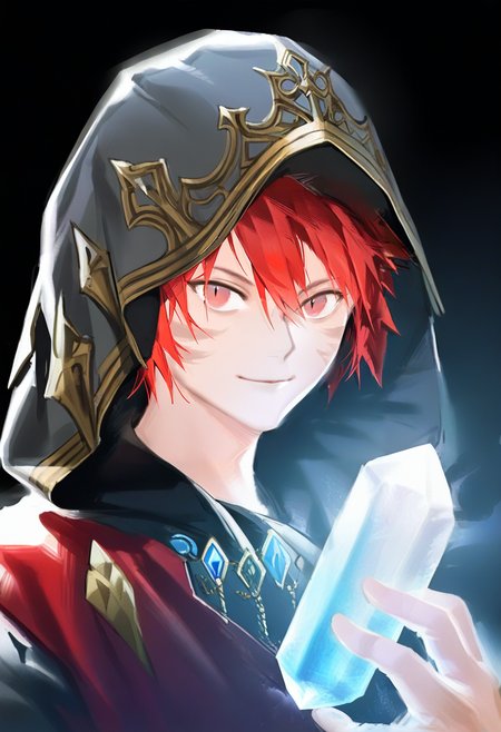 red hair, solo, 1boy, facial mark, crystal, miqo'te, male focus, red eyes, short hair, hood, looking at viewer, bangs, animal ears, hair between eyes, cat ears, hood up, upper body, smile, slit pupils, holding, black background, hand up, robe <lora:solaXL_NBVP1_lokr_V6311PZ:0.95>