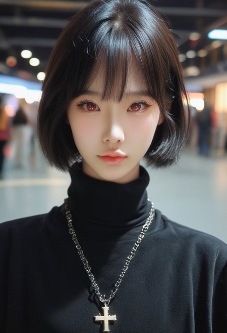 score_9, score_8_up, score_7_up, score_6_up, krgrl, korean girl, cute korean girl, photo, grainy, amateur, lowres, 2000s nostalgia, webcam photo, flash, 1girl, solo, short hair, black hair, jewelry, looking at viewer, necklace, cross, portrait, bangs, red eyes, closed mouth, turtleneck, blurry background, cross necklace, lips, piercing, blurry, bob cut, eyelashes