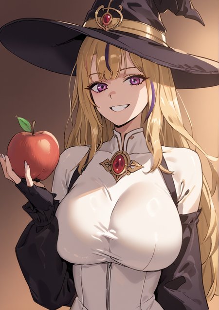 1girl, diabellze the original sinkeeper, huge breast, apple, blonde hair, bodysuit, breasts, detached sleeves, dress, duel monster, eye of horus, fingernails, food, fruit, gloves, hat, holding, holding food, holding fruit, long fingernails, long hair, multicolored hair, purple hair, smile, solo, streaked hair, white bodysuit, witch hat,  <lora:LUXsumildo:1>