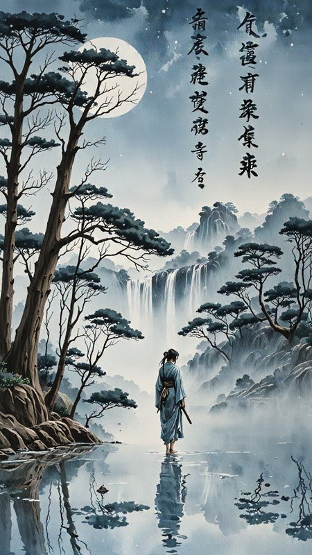 Watercolour paint effect, on partchment, Blue moon, waterfall, japanese writing, ripples, sky, trees, reflection, mist, woman, <lora:Paint_Effects_SDXL_-_By_DICE:1>, Watercolour Paint Effect