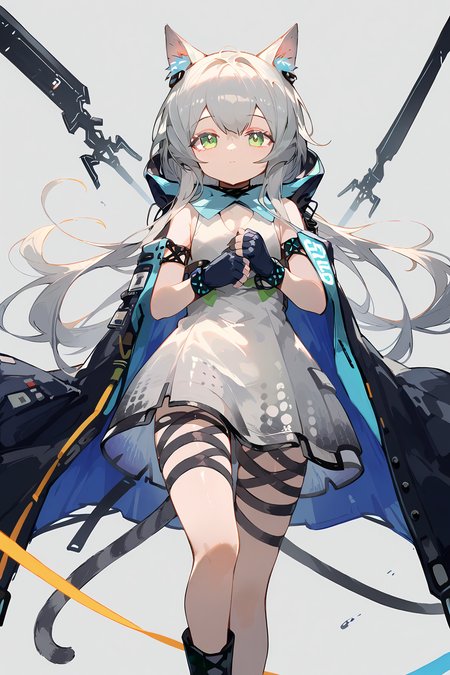 (score_9,score_8_up,score_7_up),<lora:Rosmontis(Arknights)-v1:1>,Rosmontis(Arknights),1girl,solo,rosmontis (arknights),long hair,animal ears,green eyes,gloves,cat ears,fingerless gloves,tail,dress,boots,sleeveless,cat tail,grey hair,bangs,black footwear,infection monitor (arknights),black gloves,looking at viewer,jacket,cat girl,holding,closed mouth,sleeveless dress,feet out of frame,thigh strap,white dress,bare shoulders,hood,simple background,very long hair,blue gloves,grey background,black jacket,open clothes,hair between eyes,
good feet,anime,NSFW,expressive,amazing quality,ultra hd 32k,