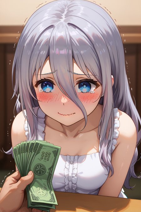 score_9, score_8_up, score_7_up, score_6_up, source_anime, BREAK, <lora:Mio Takamiya-PonyXL-lora-Faxtron:0.85> mio takamiya, blue eyes, grey hair, long hair, hair between eyes, white dress, collarbone, sleeveless,
<lora:holding-money-pov-ponyxl-lora-nochekaiser:1>, holding money pov, holding money, pov, banknote, holding,, <lora:ijimeka-ponyxl-lora-nochekaiser:1> ijimeka, ijimeka (meme), meme, full-face blush, trembling, embarrassed, wavy mouth, tears, tearing up, blush, looking down,,