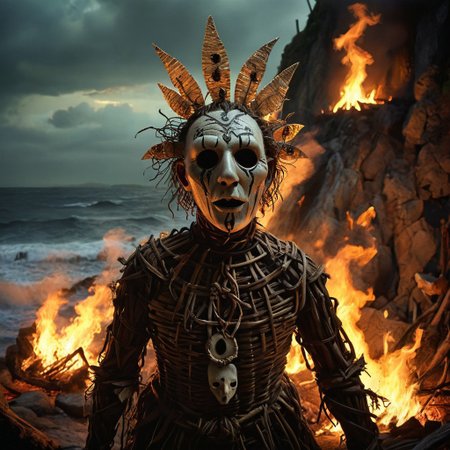 warm light style, DonMn1ghtm4reXL, stephen gammell (artist), chiaroscuro, low-key,  great lighting, corcoc3s, c3s,(Folk rural horror:1.5), (isolated island community:1.3), (massive wicker man structure:1.5), (twilight scene on coastal cliff:1.2), (jubilant villagers dancing:1.4), (pagan ritual atmosphere:1.3), (protagonist trapped inside wicker man:1.4), (terrified expression visible through gaps:1.3), (flickering torches illuminating scene:1.2), (ominous bonfire preparations:1.3), (traditional folk costumes with unsettling masks:1.4), (contrast between festive mood and impending doom:1.5), (Celtic-inspired designs on wicker man:1.2), (stormy sea in background:1.1), oil painting technique, hyper-detailed, 8k resolution, unsettling warm light from flames, (sense of inescapable fate:1.3), (blurred line between celebration and cruelty:1.4), photorealistic textures, (oppressive inevitability:1.3), (implicit threat in joyful faces:1.4), (foreboding atmosphere despite festivities:1.5)