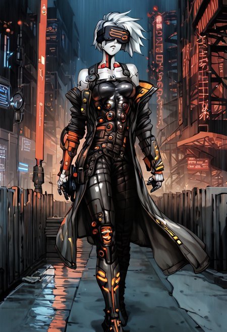 short tomboy hair, clear raincoat, cyberpunk, wearing a vr headset, shiny skin, walking in a cyberpunk dystopian city at night in the poruing rain, illuminated by neon lights  <lora:masamune shirow_pony:1> solo, 1girl, cyborg,  <lora:NAHIRI:1> nahiri, 1girl, solo, short hair, breasts, bare shoulders, white hair, colored skin, white skin , nomads, bakunin, moderator, holding a pistol, ligth armour, white armour, source_anime, score_9_up,  score_7_up, score_8_up