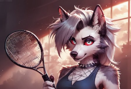 Score_9, loona, helluva_boss, furry, anthro, short hair, grey hair, animal ears, tail, dog girl, wolf girl, animal nose, dog tail, furry female, wolf tail, furry, wolf ears, dog ears, snout, two-tone fur, grey fur, furrification, makeup, fur, fur trim,  absurd res, red scelera, sharp focus, <lora:more_details:1.0> detailed background, volumetric lighting, detailed skin, detailed hair, extremely detailed, ultra 8k quality, silver eyes, high gradient eyes, medium breasts, flat color, dark theme, high definition eyes
Hyperrealistic, photorealistic, realistic, ultrarealistic, high definition, Fluffy, detailed fur, eyesHD, detailed_eye_model, highres, super high resolution, 8k, 
Mini skirt, sports bra, sports skirt, holding tennis racket, playing tennis,  tennis court,