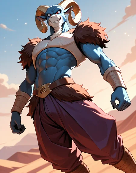 <lora:Moro_2nd_Form_(Dragonball_Z)_(Illustrious)_(AD):1.15> Moro, muscular, goat,
dutch angle, exterior, desert, sky with detailed clouds,
male focus, gradient coloring, solo, cowboy shot, bent leg, perfect proportions, goat head, blue body, soft shading, evil smirk, old, wrinkles, white beard, brown fur shoulders, brown fur waist, white chest armor, 
BREAK very awe, aesthetically pleasing, masterpiece, best quality, amazing quality, very aesthetic, perfect depth of field shot, in'ei, furry_art, source_furry, source_anime,
EZRealPONYXL, zPDXL, Smooth Quality, lazympos, IllustQualXL_Pos,