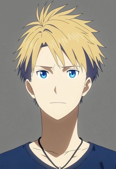high resolution, professional photography, solo, best quality, 1Boy, Yamato Ishida, Blond Hair, Deep Blue Eyes, Necklace, dark t-shirt, looking at viewer, focused gaze forward, plain background, straight body, head upright, OverallDetail