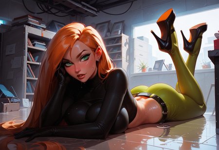 score_9, score_8_up, score_7_up, score_6_up, g0thicPXL, glowing, neon, kim possible Kimberly Ann Possible, 22 years old, 
1 girl, solo, long hair, black gloves, navel, green eyes, belly, belt, green trousers, , black crop top, turtleneck, BIG BREASTS,LONG HAIR,orange hair,
high heels, workshop, lying on floor, on stomach, looking at viewer, sensual, selfie, wet skin, sweat, perfect face, perfect eyes, wet skin, sweat,