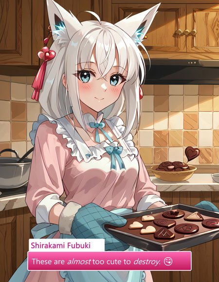 score_9, score_8_up, score_7_up, source_anime, anime screencap, baking valentines cookies, looking at viewer, blush, smile, gloves, holding, frills, food, indoors, apron, chocolate, cookie, oven mitts,  
vintage-inspired kitchen, heart-shaped cookie cutters, festive themed mixing bowl, cinnamon and vanilla scent, delicate sugar decorations, cute baking apron with lace, softly glowing fairy lights,  
warm wooden countertops, cookie dough rolled out, pink and white striped napkins, intricate chocolate drizzle, whipped cream piping bag, neatly arranged cookie tin, soft golden hue from oven light,  
glass jar filled with heart candies, cozy homemade atmosphere, festive oven mitts with tiny hearts, gentle flour dusting over counter, pastel pink ceramic plates, love notes written on recipe pages, Shirakami Fubuki, White hair, Blue eyes, Fox ears, Short bangs, Long side hair, White and blue outfit, Black thigh-high socks, Hair ornament, Pale skin, Cute appearance, SHIRAKAMI_FUBUKI