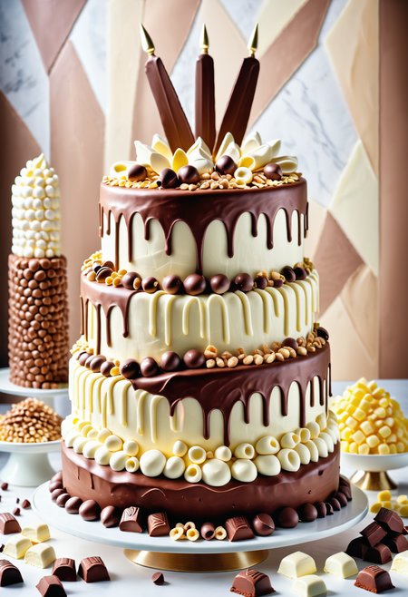 A masterpiece of a giant cake, (Spear:1.1) , Pure, symmetry, pleasant, great, Jed-ChocoC, chocolate, cereals, <lora:last:0.7>, Jed-whtccae, <lora:WhiteChocoStyle-000005:0.6>, Jed-mrshmlw, <lora:MarshmallowStyle-000007:0.5>, Icing, stunningly beautiful background, masterpiece, positive emotions, polished, fertile, handsome, set logical ambient background, highly detailed, holy