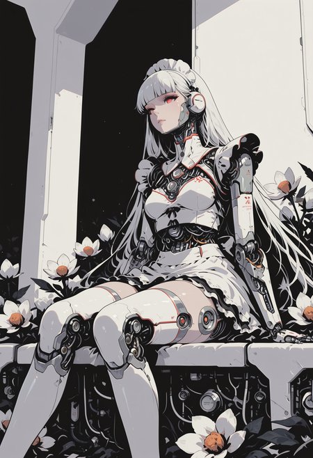 1girl, sitting, bent knees, white theme, beautiful android girl, detailed mechanical parts visiblem, flower design silver trim on mechanical parts, ((shiny white room with smooth surfaces)), long hair, maid, maid headdress, frilled mini skirt, thighhighs,
sinozick style, flat color, dark theme, in the style of cksc, illustration, masterpiece, (extremely detailed CG 8k), (very fine 8K CG), (ultra detailed perfect piece:1.2), lat color, no lineart,,(no lineart, flat art style:1.0), NO_LINE_ART, comical, simple,
 <lora:Sinozick_Style_XL_Pony:0.35> <lora:NOOB_vp1_detailer_by_volnovik_v1:1> <lora:ponyv6_noobV1_2_adamW:0.9> <lora:ck-shadow-circuit-IL:1>