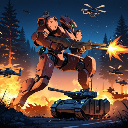 night-time, forest setting, city line in the distance, burning trees, small soldiers, masterpiece, best quality, amazing quality,  detailed background, embers, raging fires, mecha, mechwarrior style, Angular head, humanoid arms, heavily armored body, well proportioned body, smooth metal, slinging rifle over shoulder, crushing tank in its hand, mono eye, glowing Green eye, Red colored mech, side view, heavily armored humanoid legs, on one knee, shoulder mounted missile pods on the mechs shoulders, large booster pack, wide legs, leg boosters, Detailed hands, Wrecked vehicles, destroyed tanks, helicopters flying in the air, mech focus, running while firing, artillery tanks firing overhead, aerial explosions, busty women running in the field