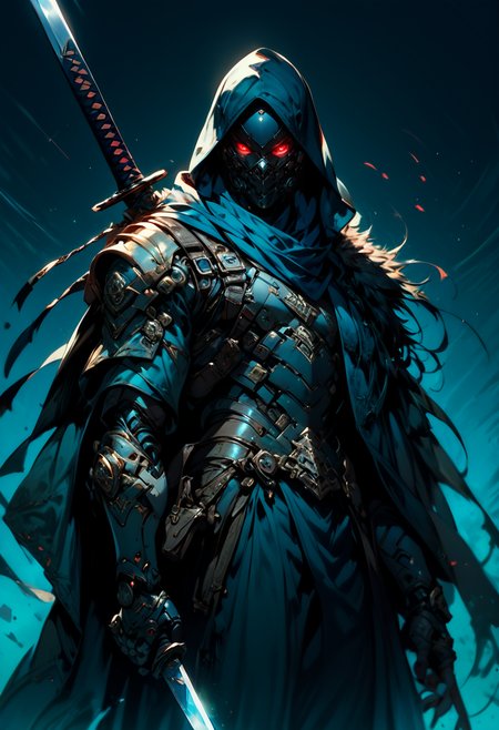 score_9,score_8_up,score_7_up, zPDXL, solo, red eyes, 1boy, holding, weapon, male focus, sword, hood, scarf, cape, holding weapon, armor, no humans, mask, glowing, blue background, holding sword, katana, robot, black background, sheath, cloak, science fiction, sheathed, glowing eye, one-eyed, cyborg
<lora:BioPunky:0.5> <lora:ikemenboys:0.2>  <lora:Expressive_H:0.2> <lora:Sinozick_Style_XL_Pony:0.2>   <lora:MUMU-000013:0.9>