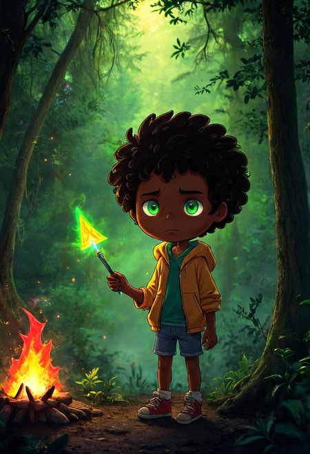 max (camp camp), dark fantasy theme, rainbow colored silhouette outline against a dark background,max (camp camp), 1boy, solo, human, male focus, curly black hair, curly tousled black hair, afro, dark skin, dark-skinned male,  large eyes, round eyes, green eyes,small nose, triangular nose, pointed nose, beautiful forest horror, anime, magical fantasy, plasma pattern, dark lights
,epic, cinematic colors, masterpiece, detailmaximizer, midjourneyv6.1
