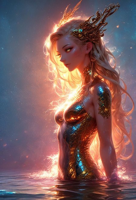(score_9, score_8_up), score_7_up, zPDXL, solo, zPDXL3, <lora:MythAnim3Style:0.8>, MythAn1m3, character, source_anime, 1girl, mermaid, Iridescent eyes, aquatic scene, dreamlike atmosphere, mystical, ethereal light, detailed textures, whimsical, rippling, dripping, water element, very long cascading hair, water, very beautiful, sexy, sexy body, beautiful body, scales, wet body, Iridescent scales, bubbles, water drops, Iridescent skin, multi colored eyes, partially underwater shot, bioluminescent skin, bioluminescent, glowing, bioluminescent scales, bioluminescent hair, bioluminescent scales, FastNegativeV2, laser light clothes, submerged breast, water line on lense, view from under water, waterline, great lighting, seashells details, metallic details, hair ornaments, gems, sunset, bioluminescent tattoos, coastal  landscape background, long hair braids,  wet transparent clothing, translucent clothing, bodysuit with flowing sleeves, dark hair