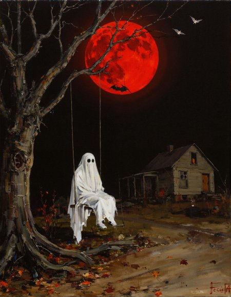 Oil Paintings by Nicolai Fechin, Fechin,
Under the vast shadow of a looming, oversized blood moon, a lone ghostly figure wrapped in a draping, spectral white sheet sits silently on an old wooden swing, its round black void-like eyes gazing into the dark unknown. The swing dangles from the thick branches of an ancient, nearly leafless tree, its skeletal limbs stretching into the deep, starless sky. The cold autumn air is heavy with stillness, with only the soft rustling of fallen leaves brushing against the worn dirt path below. In the distance, a weathered, abandoned house with boarded-up windows stands as a silent witness to the ghost’s presence, its shadowed form blending into the eerie darkness. Overhead, two bats glide across the enormous crimson moon, their wings slicing through the thick atmosphere of nostalgia, sorrow, and supernatural mystery. The ghost appears both innocent and unsettling, evoking a sense of melancholic isolation and forgotten memories, as if trapped in an eternal Halloween night, waiting for something—or someone—that will never come. The entire scene is bathed in a vintage horror aesthetic, blending eerie surrealism with poetic sadness, capturing the haunting essence of a lonely specter lost in time.
 <lora:FluxDFaeTasticDetails:0.3> <lora:fechin-FLUX:0.75>