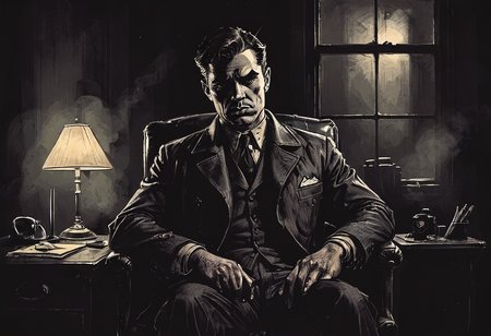drawing of a moody detective asleep sitting in his office chair in his detective office, film noir style, dark room, <lora:add-detail-xl:-1>,  <lora:Dark_Novel:0.7>