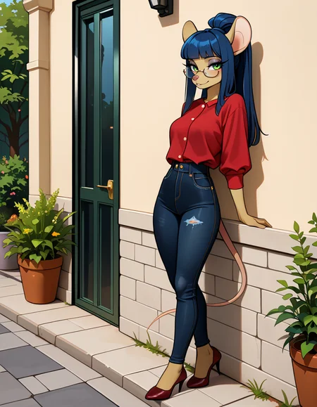 masterpiece, best quality, very aesthetic, absurdres,
outdoors,casual, 
full body, standing, posing, 
seductive smile, parted lips, long eyelashes,
<lora:Dewey_Teagarden_v01_NAIXL:1>
D3w3y,1girl,solo,furry,furry female,mouse girl,mouse ears,long hair,blue hair,high ponytail,sidelocks,blunt bangs,green eyes,semi-rimless eyewear,snout,animal nose,body fur,yellow fur,mouse tail,