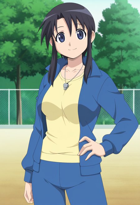 masterpiece,best quality,amazing quality,
nyamo, 1girl, solo,
black hair, short hair, sidelocks, blue eyes, medium breasts,
blue tracksuit, open jacket, yellow shirt, collarbone, silver whistle around neck,
cowboy shot, looking at viewer, smile, hand on hip, anime coloring,
outdoors, tree, chain link fence, 