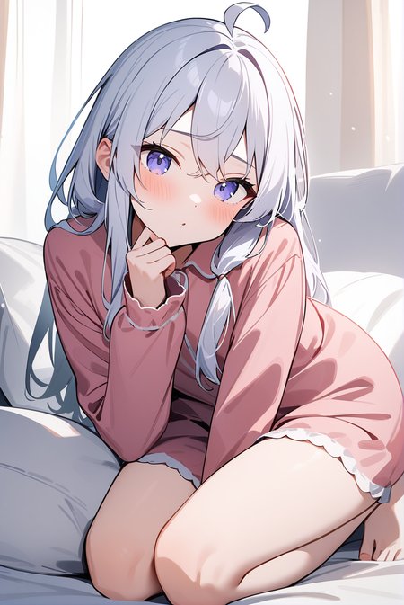 pajamas, mm-elaina, ahoge, 1girl, solo, skinny, masterpiece, absurdres, high quality, highres, best quality, (full body:1.20), recent <lora:mm-elaina-V02-000003:1.0>