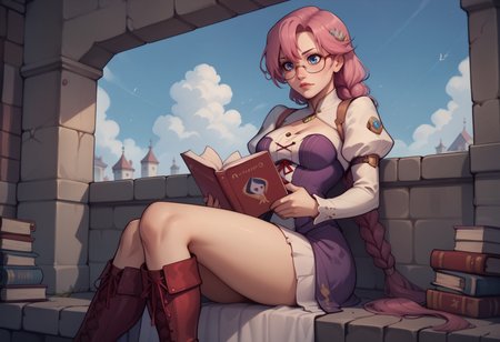score_9, score_8_up, score_7_up, score_6_up BREAK emmacs2, bare legs, blue eyes, breasts, glasses, long sleeves, purple corset dress, red laces, white under skirt, knee boots, white juliet sleeves, long hair, braided ponytail,  pink hair,sitting,reading book,sky  <lora:emma-rebake3:0.8>