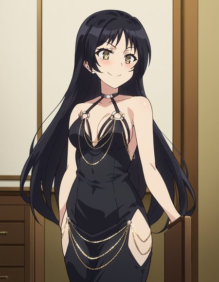 score_9, score_8_up, score_7_up, source_anime, <lora:ayame-kajou-s1-ponyxl-lora-nochekaiser:1>, ayame kajou, long hair, black hair, brown eyes, yellow eyes, medium breasts,, <lora:madokawa-dress-ponyxl-lora-nochekaiser:1>, modakawa dress, gold chain, tight dress, hip vent, low neckline, criss-cross back-straps, taut dress, evening gown, o-ring dress, black dress, backless dress,, indoors, smile, blush, , dutch angle, cowboy shot