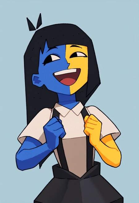 score_9, score_8_up, score_7_up, score_6_up, score_5_up, score_4_up, 1girl, <lora:Ena:0.9> solo, colored skin, yellow skin, blue skin, black eyes, suspenders, shirt, short sleeves, black skirt, laugh, 
light blue background, simple background,
