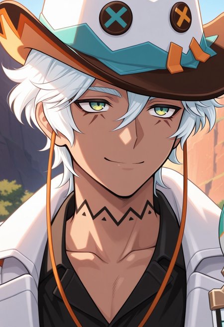 masterpiece,best quality,amazing quality, source_anime,
ifagimpa, 1boy, male focus, solo, dark skin, dark-skinned male, green eyes, white hair, hat, cowboy hat, white headwear, neck tattoo, collarbone, shirt, black shirt, coat, white coat, portrait, smile, outdoor,