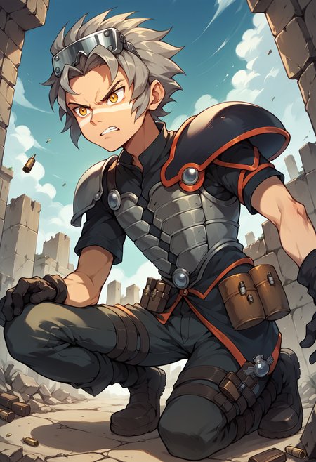 score_9, score_8_up, score_7_up, 1boy, serious, kneeling, on one knee, clenched teeth, wall, ruins, ammunition pouch, <lora:WesPKMN-pdxl:1> w3s, spiky hair, grey hair, goggles on head, yellow eyes, facial mark, bulletproof vest, short sleeves, shoulder armor, pants, gloves, sky