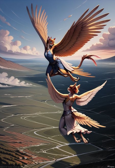 [creature name: Palagiri]
2 people, duo, androgynous, flat chest, no breasts, anthro, short hair, ((handfeet, prehensile toes, finger-toes, dexterous toes)):1.5, ((winged arms)), fully clothed, long pelvic curtain skirt, feline face, feline nose, feline ears, ((tapering tail, feather tipped tail)), large wings, digitigrade legs, no paws, harpy feet
Sky background, flying, wings spread
((Close up)), detailed face, detailed handfeet, detailed toes, detailed wings, rating: pg, score: 8 up, score: 9