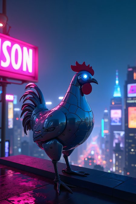 A vibrant scene set atop a futuristic city rooftop at night, where asleek cyborg chicken stands poised against the backdrop of a dazzling neon skyline. The cyborg chicken , with a polished metallic exterior and glowing blue circuitry embedded in its limbs, gazes out over the city. Its eyes, bright with a sharp, electronic glow, reflect the neon lights that bathe the rooftop in a colorful spectrum. The cyborg's design features smooth, aerodynamic lines, and its posture exudes both strength and elegance.

The rooftop is adorned with an array of neon signs in various hues—pink, purple, and electric blue—casting a kaleidoscope of colors across the scene. The neon lights illuminate the cyborg’s metallic form and create a stark contrast with the dark night sky. In the distance, the cityscape is a sprawling matrix of illuminated skyscrapers and holographic advertisements, further enhancing the futuristic atmosphere. The lighting effects from the neon signs and city lights add a dramatic flair, highlighting the cyborg’s detailed features and creating a dynamic, high-tech ambiance.