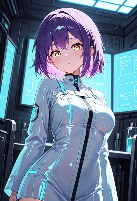 masterpiece, best quality, good quality, very aesthetic, absurdres, newest, 8K, depth of field,  in the style of cknc, artist:moriimee, in the style of cksc, 
1girl, short purple hair, glowing streaks, yellow eyes, medium breasts, firm, circuit-patterned robe, glossy skin, casting hologram, looking at viewer, from front
BREAK
futuristic lab, glowing screens, sparks flying
BREAK
cool tones, neon glow, high contrast, reflective surfaces, rich details, intense atmosphere
