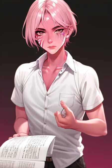 <lora:Technoblade_Avatar:.7>  (masterpiece, best illustration), 1boy, solo, male focus, brown eyes, pink and blonde hair, looking at viewer, shirt, colored skin,  tusks from bottom lip, red and pink gradient face paint, dripping pink face paint, shiny skin, glittery skin,throwing papers around, papers flying, depth of field, sci fi background, extreme light and shadow, rim lighting,