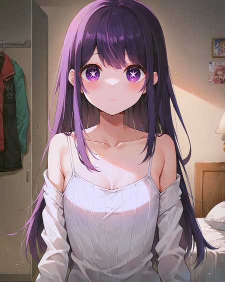 <lora:3_Style_Art_Ayamy:0.7>,   <lora:AiHoshino_XL:0.8> ai hoshino, long hair, bangs, purple eyes, purple hair, symbol-shaped pupils, long sleeves, sweater, ribbed sweater, camisole, white camisole,, <lora:9_Detail_Tweaker_XL:0.8>, score_9, score_8_up, score_7_up, source_anime, masterpiece, best quality, highly detailed background, cinematic lighting, detailed eyes, perfect face,, lazy, teenager room, messy, bedroom, bed sheet, closet,