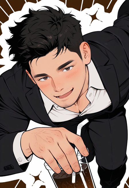 hu99y, flat color, 1boy, stubble, flying, black_suit, white_shirt, open collar, black_socks, black_hair
 ,(sharpie background:1.5), colorful_background, 
, blush, mature, (brown_eyes, windy, dynamic shot, (drink with straw:1.4)
,masterpiece, best quality, very aesthetic,absurdres,newest, highest detailed, windy, film grain, look at viewer, handfixer, muscular, open mouth, laugh