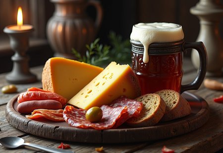 a photorealistic, highly detailed image of a Medieval-style inn plate. The plate should feature a whole wedge of artisanal cheese, with a rustic, crumbly texture and a rich, golden-yellow color. Next to the cheese, include a slice of hearty, rustic bread, with a thick, crusty exterior and a soft, chewy interior.
Add a large, frothy mug of ale with a rich amber color and a thick head of foam spilling over the rim. The mug should be made of heavy, ornately decorated pewter or ceramic. Include slices of cured meats such as salami, ham, or smoked sausage, arranged around the plate to add to the hearty, rustic appeal.
The setting should be a wooden table with rough-hewn edges and a well-worn appearance. Add a few additional elements such as pickled vegetables or olives for extra texture and color. Include Medieval-style utensils like a wooden spoon or a wrought iron fork, and a candleholder with a flickering candle to create a warm, inviting atmosphere.
The background should suggest a cozy, dimly lit inn with wooden beams and stone walls. Use warm, soft lighting to enhance the textures and colors of the food and the setting, making the scene look inviting and authentic. Render the image in high detail to capture the hearty, comforting essence of a Medieval feast
