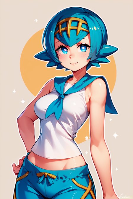 score_9, score_8_up, score_8, medium breasts, (curvy), cute, eyelashes,      ,,,  zzLana, blue eyes, short hair, bright pupils, yellow hairpiece, white shirt, sleeveless shirt, sailor collar, blue pants, baggy pants, <lora:Shamonabe_Lana_PDXL:0.8>,   ,,, smile, looking at viewer,  abstract background, white outline,  ,,, embedding:zPDXL, Expressiveh, <lora:CatalystStylePDXL:0.6>,  <lora:SDXLFaeTastic2400:0.5>,  <lora:Expressive_H-000001:0.4>,