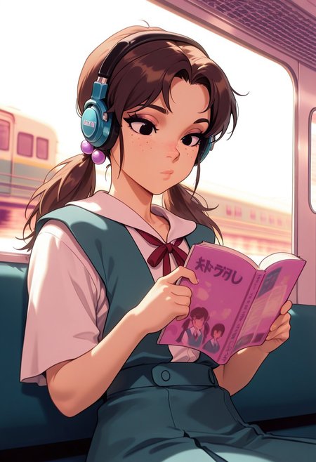 masterpiece, best quality, amazing quality, very aesthetic, absurdres, newest,  amazing detail, intricate detail, masterpiece, best quality, n3oarc4na, 1girl, hikarihoraki, brown hair, twintails, freckles, hair bobbles, long hair, black eyes, ribbon, short sleeves, suspender skirt, tokyo-3 middle school uniform, train, book, holding, reading, headphones,