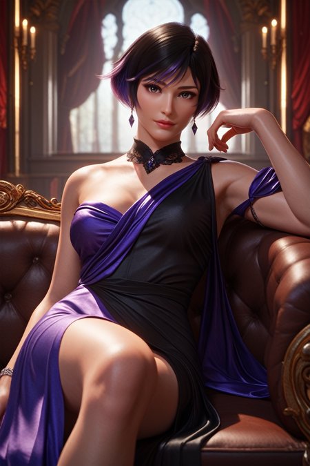 score_9, score_8_up, score_7_up, 
<lora:TKReina:0.8>
TKReina, 1girl, black hair, purple hair, multicolored hair, short hair, looking at viewer, reclining on a vintage chaise lounge, one arm draped over the back, elegant ballroom with crystal chandeliers, soft ambient lighting, luxurious and sophisticated setting