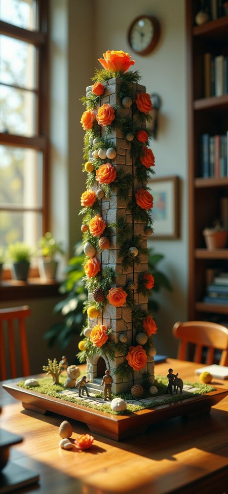 (indoors,indoor,isometric view,side view,tilt-shift lens:2), (fna_style,miniature,miniature,diorama,miniature,diorama,PVC,plastic:2),sunset,winter giant (randomly multi stack up,multi layer of flower cubic vertical:2.5)  is located center, people are climbing with ropes, (in wooden square plate:3) (on table at study:3) <lora:Fantasy_Novel_Art_Style:1> <lora:Rostpunk:0.3>
