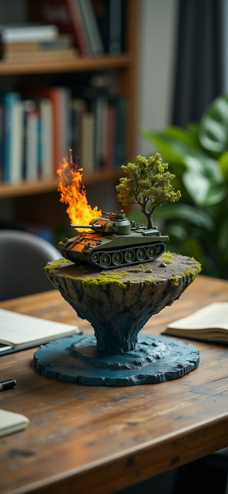 (indoor,very wide isometric view,tilt-shift lens:1.6), (windowless,miniature,miniature,diorama,miniature,diorama,PVC,plastic:2) ,  military truck,M1 tank with base  with flame at (floating island,levitating  island:1.5) on (table:2) at (study:2.5)   <lora:Diorama_Flux:1>
