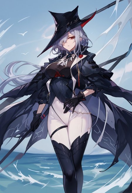 zPDXL3, score_9_up, score_8_up, score_7_up, (Anime_source), 1girl, Gladiia, red eyes, grayish hair, long hair, Default clothes, thighhighs, gloves, black headwear, black footwear, pants, black gloves, parted lips, looking at viewer, cowboy shot, from front,large breasts