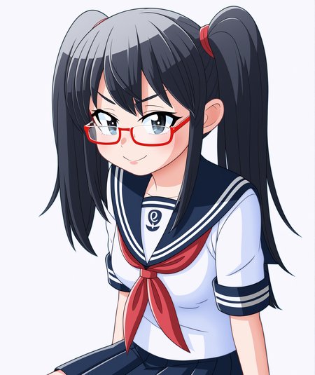 highres, hi res, best quality, masterpiece, 2d, intricate details, official style, anime, 4k, anime style,
1girl, female, solo, glasses, semi-rimless eyewear, 
school uniform, serafuku, sailor collar, sailor fuku, pleated skirt, skirt, white shirt, 
cowboy shot, upper body, sitting, leaning back, looking at viewer, white background, simple background, <lora:Shin1024_Pony:1>,